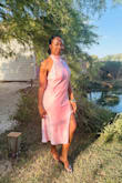 The fit is absolutely gorgeous! The pink colour perfectly fitted the colour theme of the wedding. The slit was too high, but I was able to attach a lace. Love it!!! Wearing for a dinner date next! - Louisa D.