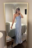 Nadra Light Blue Satin Jacquard One-Shoulder Maxi Dress