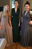 I bought this dress for my 5 bridesmaids. It fit everyone great! We are all different shapes(some small chested, some large) and we loved it. Originally I ordered taupe, green, and dark grey, but in the end I am returning the taupe and ordering more green since we all fell in love with that color! The material is very soft and doesn't really cling. It was scary at first getting the dresses out of the bag because there is a lot of fabric!! We all ended up trying on different sizes and we could fit in any of the dresses! These are just photos of us trying them on. - Emily B.