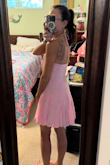 I love the sheer fabric overlay on this dress. The fit is perfect and I am so excited to wear this! - Monique F.