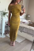 Sunama Chartreuse Mesh Ruched Bodycon Midi Dress