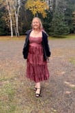This dress is really cute, and it does look really nice on, but I did not like the fit at all. The straps are not reliable, and I felt like I was wearing a strapless dress. I did not feel comfortable taking my jacket off, but it was cold anyway. It was tight on my ribcage, but if I sized up, I know it would not hold at the top under my armpits. - Ellen H.