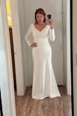 I bought a dress on consignment for $2700 including alterations, but they botched the alterations, making it too short, and I was unhappy with it. Under two weeks before the wedding, I decided to take a chance and order this dress because I had ordered two other dresses from Lulus for my rehearsal dinner and wedding week and while material is mediocre the fit and style were beautiful so I thought I would take a chance on this wedding dress. All the reviews said the material was good and not too thin on this and they were correct. It's not the same fancy fabric of my $2700 dress, but I put it on and it fit like a glove and did not need alterations at all. If I felt like doing anything, I would've probably done 1/4 inch off of the sleeves since they run a little long but it's not worth the trouble and I've had bad alteration experience. I can't believe that I'm going to end up wearing a $100 dress vs my $2700 dress, but it fits so perfect. 5'8 I wear flats. Size S 132lbs. Highly recommend. 2 day ship fast and fab. - Stacey L.