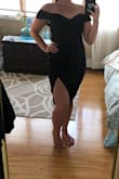 This dress was comfortable, classy, but on the sexy side. I love off the shoulders anything so this was perfect for me. It is not the type of dress where you have to keep lifting it up or having to fix the arms. I wore a regular bra with it which also made me very happy. The slit did rip a little bit but wasn't noticeable at all.
Overall I loved it, very pleased. - Rebecca R.