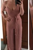 I love this jumpsuit.! Ordered an XS and it fits perfect. Color is pretty and straps are adjustable no need for a bra. - Kelly A.
