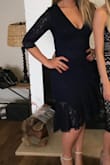 Hits just at about the knee. The ruffling is so beautiful. I wore it to a rehearsal dinner and got so many compliments!! - Grace A.