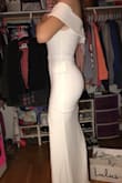 The material was great quality a little see through so I suggest nude or white underneath the dress. I was nervous about the off the shoulder but it fit perfect and was tight around the shoulders so it wouldn't fall. It's elegant and beautiful I can't wait to wear it to prom. - Sam O.