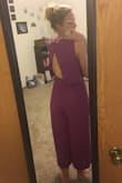 Love this outfit... The material is comfortable and sort of chiffon-y. The pants are double layered so it feels high quality and like it's not going to be see-through. I got the Medium and it fits great (I'm 5'7'', 155 pounds). The open back is super cute, though I'm going to have to wait for the right kind of event to wear it! Probably too revealing for a typical work day. But I'm excited to wear it! - Lauren S.