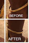 The sandals look exactly like the picture and is a shiny gold. I typically wear a 8.5 in heels but always go to a 9 for sandals because I like the little extra space up front so your toes aren't right at the edge. I got a 9 in these and they fit perfect as I like. I have a little space at the toe but not noticeable, just so that it isn't tight which is good. The reviews are right about the ankle strap being too loose. What I did to remedy this was sew the extra material together so that there is only enough space for my ankle to move around and not rub or be annoying. It looks 100 times better without the extra space. I'm not the best seamstress but know the basics of sewing so it was pretty easy to do. All in all, the shoes are great! - Krystal C.