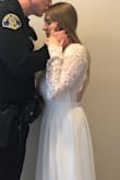 This dress is so beautiful and such good quality especially for the price! The sizing is definitely off tho because i usually wear small from Lulus and I ordered medium and it was tight on the back so it made me look like I have back fat lol you can't tell in the pic because I made hubby put his hands over it haha. The dress is also meant for girls with a smaller chest or adhesives because you can only wear a sticky bra so it is much more flattering from the back for me, it looked kind of frumpy from the front because of my larger chest. It was still super cute for our save the date pictures tho! - Melissa V.