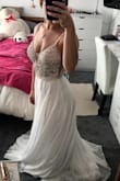Pictures don't do it justice. World's most amazing dress, I have to get it hemmed a lot and maybe the straps in a little but I can't wait to wear it at my wedding. The description says 60(ish) inches from shoulder to hem which definitely isn't true so unless you're tall you will have to hem. But other than that, it's perfect. Just what I pictured. Light enough fabric for a casual wedding but heavier fabric which makes it seem more expensive than it is. - Crystal T.