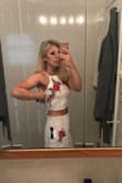 I love this look! I ordered the small because the reviews said runs true to size with some stretch is perfect. I knew I was taking a risk because my measurements are right on the line of small/medium, but I wanted it more form fitting than loose. The bottoms were perfect however the top was so tight on my rib cage that I had to return and get the medium. I like the medium, however the top is too large and I'll have to get it tailored. Material and make is quality and still super cute!!! First pic is the small and second is the medium. - Loewe K.