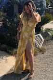 This is my first marigold/yellow dress and I'm obsessed! I do have to wear a 3" wedge sandal for it not to drag but regardless, it's perfect! Wore this to a winery and received quite a few compliments! A definite must have! - Lovely L.