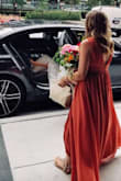 I ordered this dress in a Small when I weighed 108 pounds. It needed to be taken in in the shoulders and a bit under the arms as the material would slide down my shoulders otherwise. 

I ended up gaining 10 lb. by the time of the wedding and after alterations I found the dress felt good but a tiny tiny bit snug in the waist/ribs. I think even if I was 120 lb. I'd still order it in a Small anyway because of how loose the shoulders were. I also had the first two layers hemmed up a little but kept it long in the back. The inside layer didnât need hemming. 

The material flowed so nicely and it was very comfortable. I loved the rusty rose and received a lot of nice compliments on the style and color. A flattering and gorgeous dress overall. I was nervous to order a bridesmaid dress online but this dress was perfect and Iâd recommend it to anyone who has time to do a few alterations as needed just in case. - Ashley D.