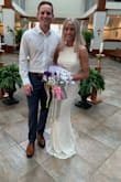 I ordered this dress for my rehearsal dinner and it fit perfectly!! It was a little long on me but nothing some high heels couldn't fix. It's a beautiful creamy white color. Very sophisticated looking. I was super pleased with my purchase and I got it on sale which makes it 10 times better!! - Megan R.