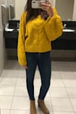 When I first tried this sweater on, I loved it but thought I was going to have to return it because it felt super itchy at first. I ended up keeping it because its so cute, perfect amount of slouch without looking messy, and a great color for the fall.
I've been wearing it for a few hours today and the material hasn't bothered me so I either got used to it or was being dramatic last night- haha.
BTW I don't think I would feel comfortable wearing this without super high waisted jeans, but that's just my preference. - Julia M.
