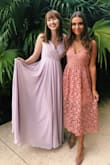 This dress is so beautiful in person! I wore it to a wedding, and I received so many compliments. I usually wear a small, but I ordered an extra small and it fit perfectly. Since I am pretty tall, 2 inch heels worked for this dress, but if you're shorter you will definitely need taller heels. Would recommend to others! - Caitlyn R.
