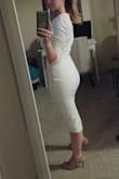 Love this dress! So happy that I got it. It's thick enough so that it's not see-through with nude underwear. It's kind of low-cut but looks amazing. The length is a tad long--hits below my knee so I may hem it just a tad. The material is just the right amount of stretchy. - Heather C.