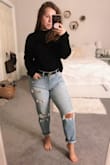 When I tell you that I have been looking for a good pair of mom jeans for my curvy, athletic, short body type for MONTHS I am not exaggerating. I have searched high and low for a pair of mom jeans that are the perfect cropped length, slightly distressed, and have stretch and it has been a struggle. For some reason it seems like mom jeans never come in a material mix that offers some stretch and for myself, that just doesn't work for someone who's waist to bum/hip/thigh ratio is ridiculously different. I'm usually a true size 27 in my other denim and chose to size down in this based off of the reviews, a 5 was the perfect size and although I still do have a little extra gap in the waist, it's nothing compared to other denim I have. I would buy this denim time and time again so PLEASE make these jeans in other washes!!!! - Ashley C.