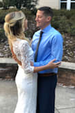 I wore this for a courthouse wedding dress, as my husband and I had to rush our wedding for his military orders. It fit me perfectly! I had the sleeve hem doubled up and sewn again to make the sleeves fit better and not as wide. I highly recommend this. I wore a sticky bra from target under it, and the material is very heavy and thick so it doesn't wrinkle and it doesn't show anything underneath. I normally wear a size 2-3 in jeans. I will note I'm 5'5" and wore 3.5 inch heels and it barely touched the ground so it was perfect. - Joanna N.