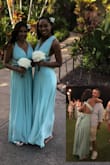 This dress is beautiful and worked as a great bridesmaid dress - even more perfect for a beach wedding! You can tie it so many different ways that it can compliment a lot of different body shapes. I am sure I will be able to use out for vacations and summer nights out. When it arrived, I was a bit concerned about the weight and the fact that it was all wrinkled, but a steam iron did the trick. It is a long dress, so at 5' 3" I wore it with my tallest wedge heels and, being she is tall, my niece wore it with flats. I wore a low strapless bra being I have a heavier chest. My niece got away with adhesive cups. The color in the Lulus model photo is true to color, it may just be a tad lighter (one of the photos I'm sharing was enhanced which is why it looks powder blue and in the other the lighting is a little dark). - Robyn R.