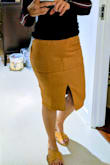Quality of this skirt is superb and the fit is very form flattering. I got both colors, but prefer the Camel. It is super comfortable and sits well on my body. Small fits perfectly. A++ - Katiana J.