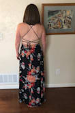 I was worried about this dress being backless and not being able to wear a bra but it's actually not a problem between the thickness of the material and the ability to tighten the straps. I'll be wearing it with 4" wedges but any shorter of a shoe and it would need to be hemmed. Overall, the dress is comfortable and flattering and I can't wait to wear it as a bridesmaids dress in my cousin's wedding! - Thea S.