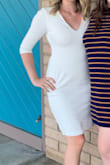 I wore this dress for my bridal shower and it was a hit! The material is thick and therefore forgiving, even though it is white. It is classy, but subtly sexy at the same time - I felt great in it and I am not usually a fan of bodycon dresses. It was a tiny bit tight in the lower hip area, but I wouldn't have ordered a larger size. - Madison W.