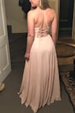 I ordered this dress in a size 8- I'm 5'10, around 155 pounds, and I am usually between a 6/8 in dresses. It fit really well in all areas for the most part. Given my height, this dress still dragged on the floor. This gave me the opportunity to wear heels! The dress is very light and flowy, but unfortunately the dress is not breathable at all, and I was afraid I would be too hot wearing it as a bridesmaid in a June wedding. Also, the straps/clasp at the neck really dug into my neck, and it was really uncomfortable. Lastly, one side of the dress in the chest area slightly gaped open. It wouldn't lie flat against my chest, so it was going to need serious fashion tape but the other side was fine. The chest is padded, but I still did not feel confident about the dress holding me in. I'm pretty small chested. The color of this dress is a true blush/light pink, and the rhinestone belt is a nice touch. Unfortunately, this just didn't work out as a bridesmaids dress for me. I was sad to return it, but I ended up ordering another dress from Lulus. - Alexandra F.