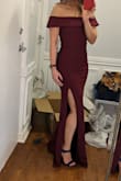 As pictured! Fits like a glove. Beautiful quality fabric that is very flattering and falls elegantly. I'm so happy with it. - Angela N.