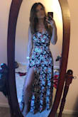 I ordered an XS and am a total pear shape and my hips are actually 36.5 so I wanted it to be more fitted. I could've actually gone down another size but I think it would've lost that boho vibe the dress has as it is flowy. My modesty snap stayed closed even with a strapless bra and no need for pinning. I will probably pin the slit closed a little at the top as I plan on wearing it to a baby shower, super easy fix and honestly I'll do it with a safety pin because the slit doesn't bother me so I would like the open to revert it back to the original slit. Other than that it is light fabric but not see through, the straps are adjustable for that perfect fit in the chest. And for other pear shaped women reading this review, have no fear that this dress will make you look wider than you actually are! - Kara C.