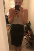 I LOVE this skirt .. so sexy, especially if you pair it with a black cami or bodysuit and red heels. I'm 5'5" 145 lbs with an athletic build and the M is VERY tight on me (for comparison purposes, I'm a def M in the Pencil It In bodycon skirt). Recommend sizing up. - Courtney L.