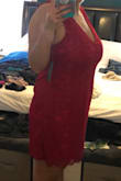 This dress is not as fitted as it is on the model. But it is of good quality lace and I bought it at a great price. It was a little big under the arms as you could see my bra but sizing down most likely wouldn't fit me in the bust. I plan on wearing this to dinner at a resort in Punta Cana this Spring. - Samantha
