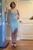 This dress was worn to my friends wedding in March and I got so many compliments. I am a size 4 in dresses and the size I bought was a small and the size chart said 2-4 for a small and it fit perfectly without being tight. I was able to dance and chase my toddler around when she played to far. So this dress was perfect for me and I love it!
Waist 30 inches hips 32inch 5'5 tall - Rochel K.