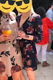 I wore this to a brunch party that was indoor/outdoor and it was perfect! No problems with the length sitting down, and the material was greatfor the warm weather. Super comfortable, and the elastic waist was very flattering. I think the model has the sleeves rolled a little in the pictures, because the length on me was closer to 3/4, but no complaints there. The only warning I would give is to be aware of posture or maybe use a little body tape with the wrap-style front. - Claire H.