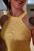 I feel I don't have anything to add but to agree with all the other five star reviews this dress has desensitized received. It is classy and beautiful. Perfect length. Perfect fit. Lace is very nice quality. Fully lined. As others have mentioned, no need for a bra. Comfortable. Perfect for an outdoor wedding or other dressy event. - Laura R.