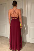 I am 5'11" and athletic build, so I was a little worried when I ordered size M. It fits perfectly and I will be definitely wearing this for a wedding in Italy. It is long enough even when I am wearing heels.  Fabric is good quality, not too heavy. Love the slit and the back. - Katrina E.