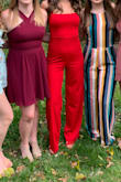 I bought this jumpsuit for a formal at school. It is a perfect stretchy material and fits true to size (I normally wear a small in Lulus dresses)! I ended up wearing a strapless bra underneath just because petals and sticky bras don't work for me. It was also the perfect length for my height with 3 inch heels on. I definitely recommend this for any event - it can be dressed up or down! - Emily L.