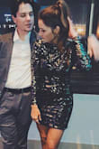 I was super excited to wear this dress! The material is velvet with sequins and fit like a glove. The sequins are a little more gold than I thought but going out in it at night didn't matter. Such a fun dress! - Erica W.