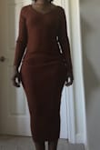 This dress has a lot of stretch and fits great on curvy girls. It is long and reaches my mid calf, I will have to wear it with heels. From the picture I thought I would be able to wear it off shoulder but it looks weird that way. I will wear it as pictured on the model. - Jackie C.