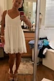 Love this dress and can't wait to wear it this summer! The liner underneath hits about 1-2 inches below my butt, so I'll have to make sure it stays in place when I'm out dancing! - Lisa D.