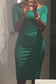 The best thing about this dress is the kelly green color and style. It's not easy to come by and I just love it. The length is great and I love how the off the shoulder look can be adjusted to be not so low and it is sexy. My problem with the dress is that I'm typically a small in practically everything I wear (typically size 4) but I ordered a M based on reviews. This dress is STILL too small..around the hips and butt! It's fine at the top but I have an athletic pear shape and I guess my hip and butt make it such that this rolls up when I walk. It's fine once a pull it down, like I did to take the photos. Also, the material is relatively thick but I still can see the imprint of my thong underneath. My stomach isn't perfectly flat so I can also see my pooch too. One might need Spanks with this. I wouldn't size up cause I'd be afraid that the top would be too loose. I think there will always be limitations when the sizes are XS-XL rather than number sizes, which allows more variation. In addition, it's the type of dress that gets wrinkled, so I had to iron it before wearing. Overall, I love the dress with several asterisks. - Miranda R.