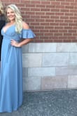 This dress is very beautiful and flowing. True color. I ordered an XL in the slate blue. I love that it hides trouble areas. However the dress is very long and if you are bigger chested the cleavage is a bit much. I feel like if I had it pinned it would've been better. Just things to consider before purchasing. Overall I think it's a great dress to have in your closet. It is elegant but not too over the top. - Haley W.
