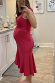 I got this as a possibility baby shower dress! But went with another option! still keeping to wear for an upcoming wedding! I'm usually an XS in Lulus, but being that I'm 31 weeks pregnant I sized up to a Small. Fabric is very stretchy and thick. Very comfortable. Only thing is it's VERY long on my 5'2 body lol Will definitely need to get the skirt hemmed especially in the back! - Karlie N.
