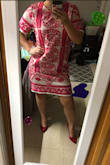 I ordered this dress because I felt like it could be dressed up / dressed down for multiple occasions. I read the description knowing it was "relaxed fit". But I wasn't aware that relaxed fit meant grandma-no-shape fit. The model's photos are really misleading. If I pose like the model, I suppose some type of figure comes through. It's just definitely not flattering at any angle. I'm really disappointed because I think the pattern and color are to die for! I will be returning. I wouldn't say that the size was wrong, though. It fit really well in the arm, so if I went to an XS then I wouldn't be able to get in or out of the dress. There's no zipper that I could find, so it goes right over head. Have to find a new dress to wear to my college formal. - Elizabeth P.