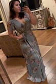 I was really surprised at being a size S in this dress. I normally order Medium or Large in most clothes, but I took a risk because only small was left. It fit perfectly! To be fair, I am smaller on top than on the bottom and the bottom is very flowy. Be warned: it's not a true wrap dress. It only looks that way. There is a zipper in the back so there's not much stretch in it. It will be perfect for my husband's homecoming from deployment! - Andrea C.