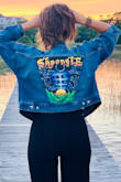Bought this jacket to paint a custom design on the back for a friend's 30th birthday...but loved it so much had to snap some pictures in it first! Loved the lighter panels on it, and hand painted the back panel with her favorite band design. She's in love with it too!! A bit oversized but the crop and rolling up the sleeves make it perfect anyway. - Jackie G.