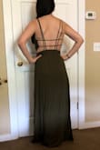 This ended up being a darker green color than I expected, but that's okay. I love the back of this dress because it's so fun! The front fit well without a bra.. although I think some petals would need to be worn with it. It's also a little long on me, but I'm only 5'5", so that's to be expected. I think with a couple inch heels it would be fine. The fabric and feel of the dress is pretty nice. - Sarah H.