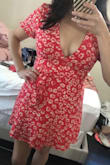 Fits perfectly but is a little snug around the arms. I still love it. I can see myself wearing it casually with some white tennies or dressing it up a little with some wedges. Only thing is that it's very low cut. I ended up safety pinning just for my comfortable preference. I'll insert both pics to show the difference. - Margaret R.
