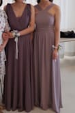 My sister wore this dress to match with my bridesmaid dress (dance the night away dusty purple backless maxi dress) and it looked beautiful on her. It made her look more feminine and graceful. At first we weren't sure whether the color taupe would be a brownish gray or purplish gray, but when we got it, we felt it was definitely a purplish gray. (It may have looked more purple because she was standing next to my purple dress.) Honestly, I feel like her dress would look tan next to a brown, warm toned dress, or purple next to a cooler toned, purple dress. This dress is a chameleon!
The size and fabric was exactly as we'd imagine it to be. - Jinhee H.